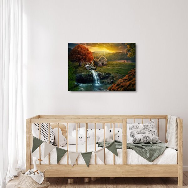 Tablou pe sticlă cu căbănuță în peisaj de poveste (70x50 cm)
