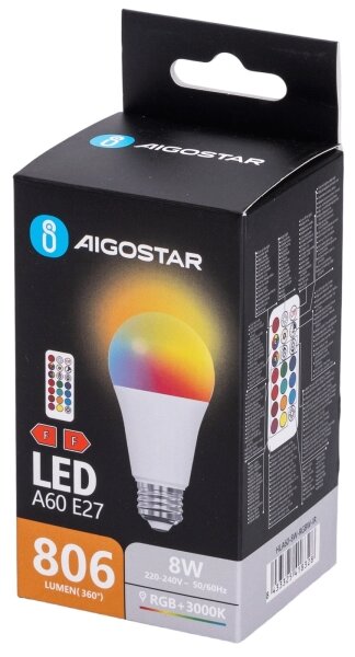 Aigostar - Bec LED RGBW dimabil A60, soclu E27, 8W, 230V, 3000K, cu telecomandă