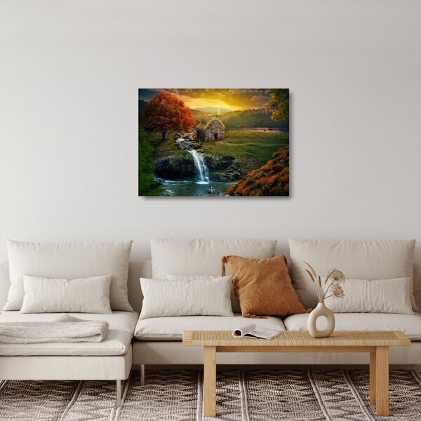 Tablou pe sticlă cu căbănuță în peisaj de poveste (70x50 cm)