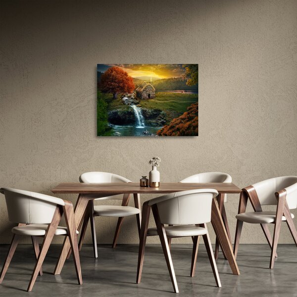 Tablou pe sticlă cu căbănuță în peisaj de poveste (70x50 cm)