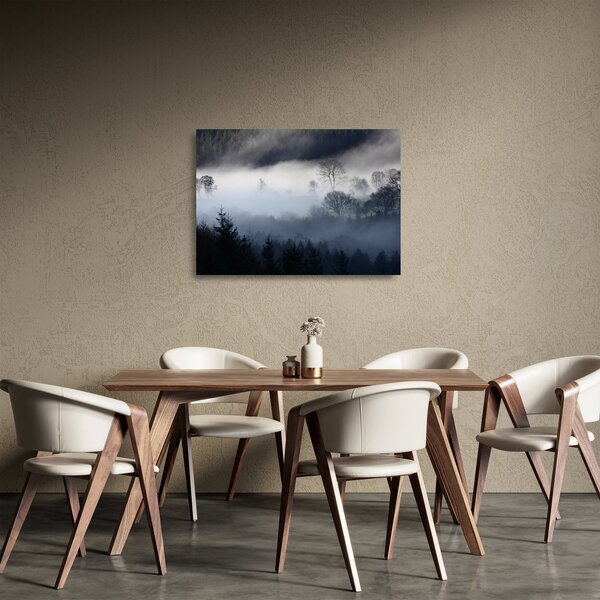 Tablou pe sticlă cu ceță deasupra pădurii (70x50 cm)