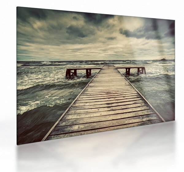 Tablou pe sticlă cu dig din lemn la mare (70x50 cm)