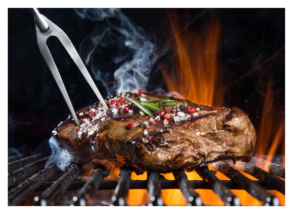 Tablou pe sticlă cu steac pe grill (70x50 cm)