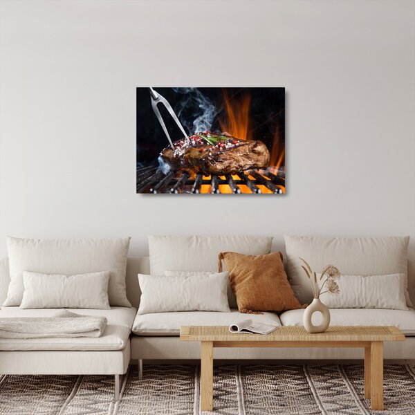 Tablou pe sticlă cu steac pe grill (70x50 cm)