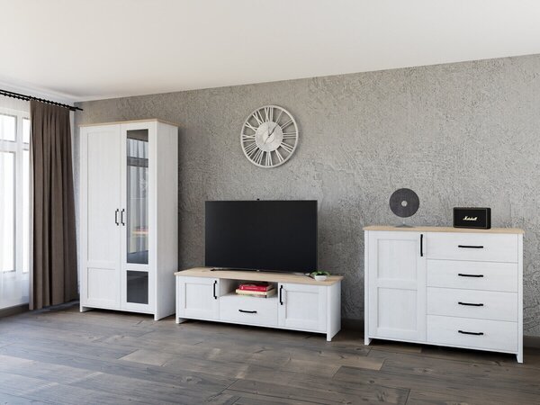 Set de living Balmave 119, Stejar Grandson, Pin Anderson, Sticlă, PAL laminat