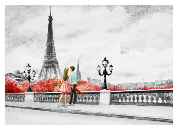 Tablou pe sticlă îndrăgostiții în Paris (70x50 cm)