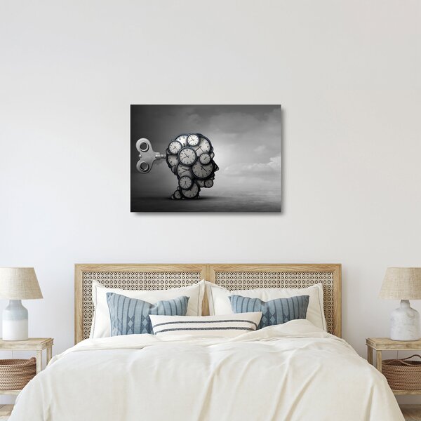 Tablou pe sticlă artistic cu cu cap și ceas (70x50 cm)