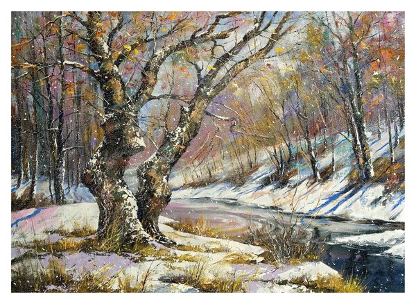 Tablou pe sticlă cu peisaj de iarnă pictat (70x50 cm)