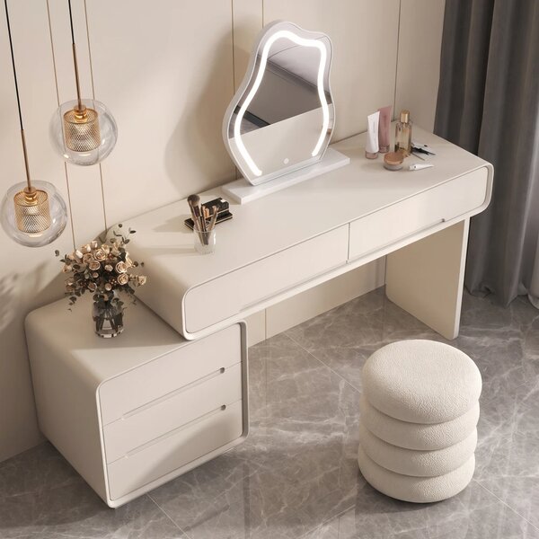 Set AVELINE – Masă de Toaletă pentru Machiaj, Oglindă iluminată LED cu control tactil, 5 sertare, Comodă laterală și taburet tapițat, Alb