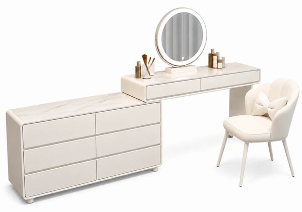 Set AUDREY LONG ELEGANCE – Masă de Toaletă pentru Machiaj cu Oglindă iluminată LED, Control Touch, Comodă, Scaun, Alb
