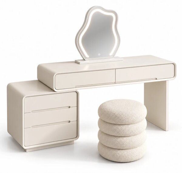 Set AVELINE – Masă de Toaletă pentru Machiaj, Oglindă iluminată LED cu control tactil, 5 sertare, Comodă laterală și taburet tapițat, Alb