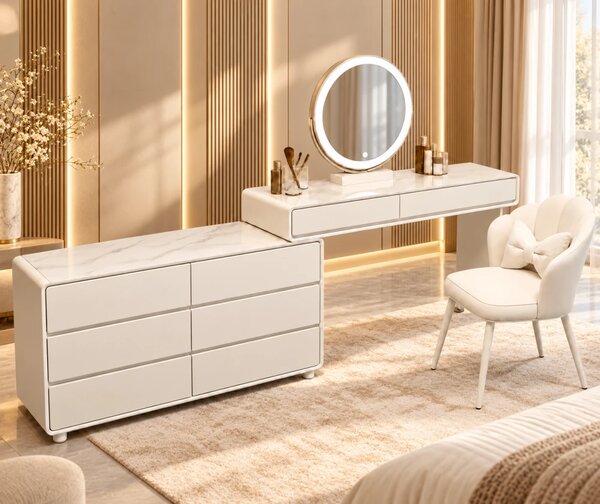 Set AUDREY LONG ELEGANCE – Masă de Toaletă pentru Machiaj cu Oglindă iluminată LED, Control Touch, Comodă, Scaun, Alb