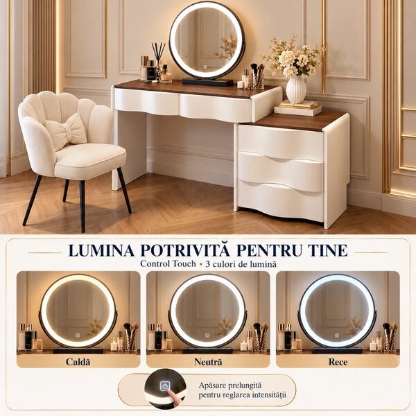 Set ELVORA – Masă de Toaletă pentru machiaj, Oglindă LED cu Control Touch, 3 culori de lumină și intensitate reglabilă, 5 sertare, Comodă laterală, Scaun tapițat, Alb/Maro
