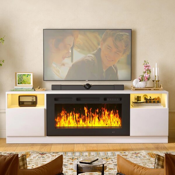Comodă TV cu șemineu electric LED integrat – 178×35×59 cm, 12 culori flacără, Încălzire 750/1500 W, Telecomandă, Alb