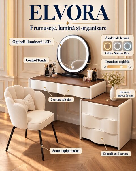 Set ELVORA – Masă de Toaletă pentru machiaj, Oglindă LED cu Control Touch, 3 culori de lumină și intensitate reglabilă, 5 sertare, Comodă laterală, Scaun tapițat, Alb/Maro