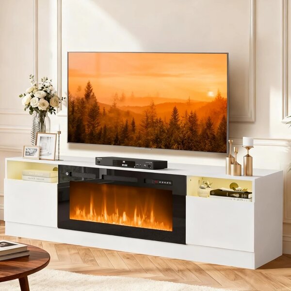 Comodă TV cu șemineu electric LED integrat – 178×35×59 cm, 12 culori flacără, Încălzire 750/1500 W, Telecomandă, Alb