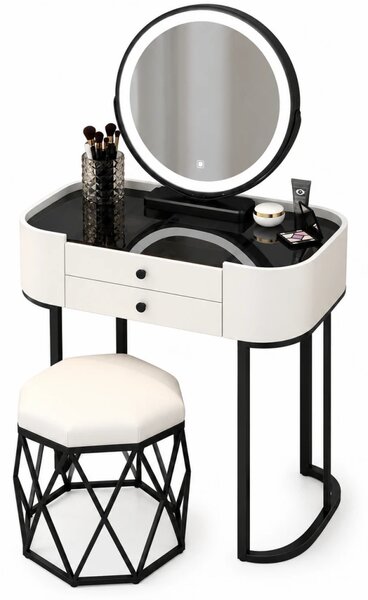 Set MAYA – Masă de Toaletă pentru Machiaj, cu Oglindă Iluminată LED, Control Touch, Taburet tapitat, Alb/Negru