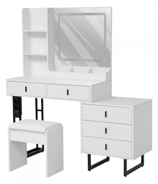Set SELENE – Masă de Toaletă pentru Machiaj, Extensibilă 90–130 cm, Oglinda Iluminata LED, 5 sertare, Rafturi, priză integrată cu USB, Scaun, Alb/Negru