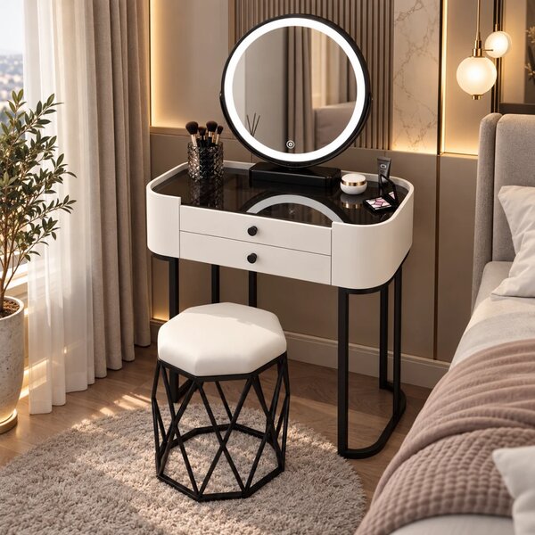 Set MAYA – Masă de Toaletă pentru Machiaj, cu Oglindă Iluminată LED, Control Touch, Taburet tapitat, Alb/Negru