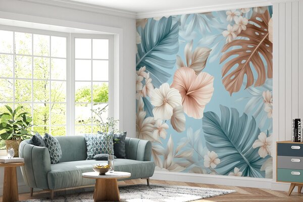Fototapet Model floral cu flori albe și maro, Populare fototapet, Populare fototapet, w03013 - Muralas.ro