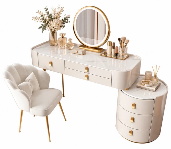 Set LUCIA WHITE – Masă de Toaletă pentru Machiaj, Blat imitatie marmura, Oglindă Iluminată LED, Control Touch, 6 sertare, Comoda, Scaun, Alb
