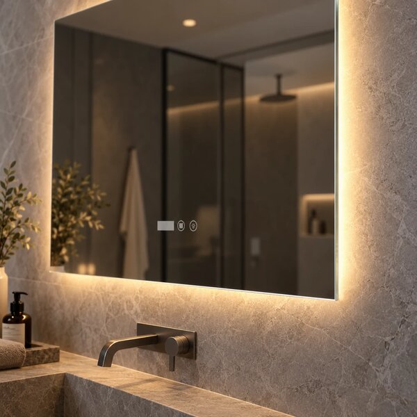 Oglinda baie, Multifuncțională, Iluminare LED Touch, Intensitate reglabila, Ceas încorporat, Sistem Dezaburire, 70x50 cm