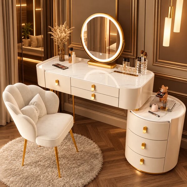 Set LUCIA WHITE – Masă de Toaletă pentru Machiaj, Blat imitatie marmura, Oglindă Iluminată LED, Control Touch, 6 sertare, Comoda, Scaun, Alb