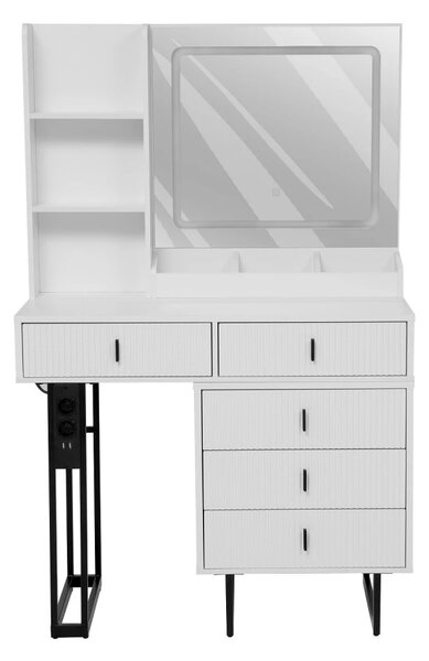 Set SELENE – Masă de Toaletă pentru Machiaj, Extensibilă 90–130 cm, Oglinda Iluminata LED, 5 sertare, Rafturi, priză integrată cu USB, Scaun, Alb/Negru