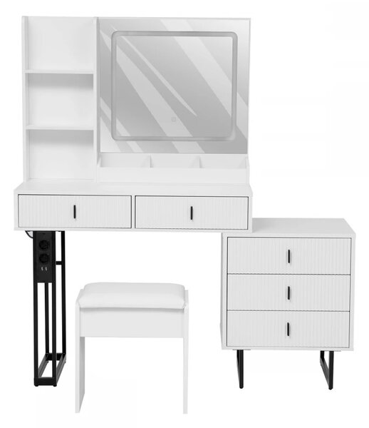 Set SELENE – Masă de Toaletă pentru Machiaj, Extensibilă 90–130 cm, Oglinda Iluminata LED, 5 sertare, Rafturi, priză integrată cu USB, Scaun, Alb/Negru
