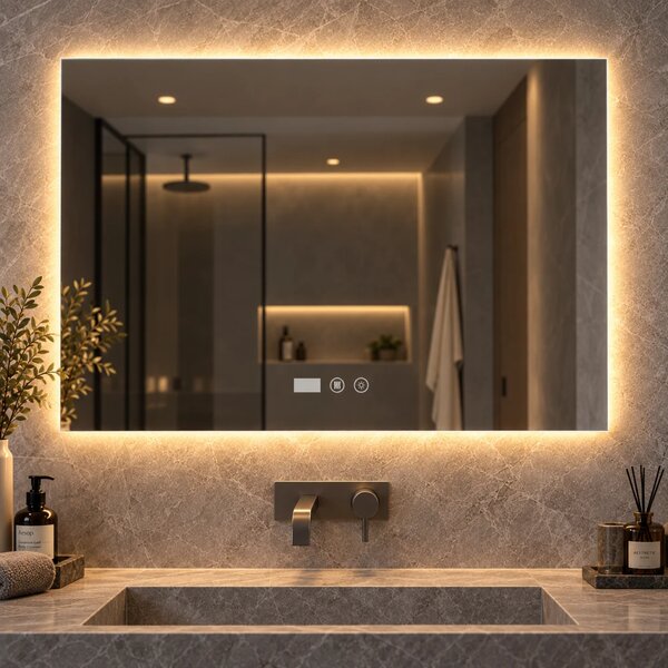 Oglinda baie, Multifuncțională, Iluminare LED Touch, Intensitate reglabila, Ceas încorporat, Sistem Dezaburire, 70x50 cm