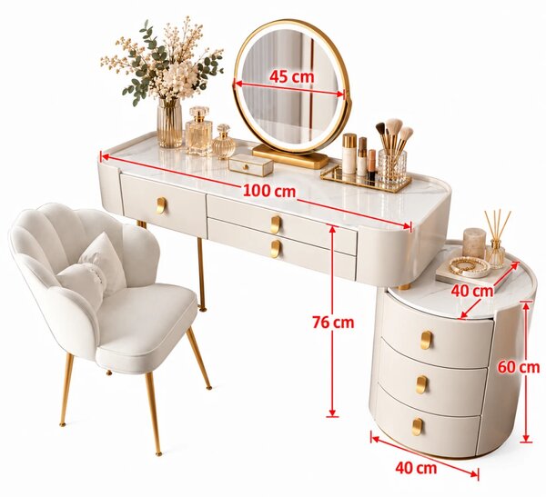 Set LUCIA WHITE – Masă de Toaletă pentru Machiaj, Blat imitatie marmura, Oglindă Iluminată LED, Control Touch, 6 sertare, Comoda, Scaun, Alb