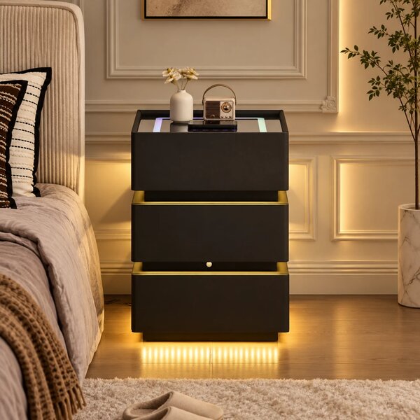SÉLIA — Noptieră inteligentă cu încărcare Wireless, Bluetooth Stereo, iluminare RGB, USB + Type-C și senzor de mișcare, Negru