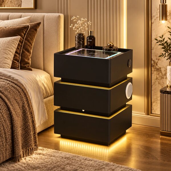 SÉLIA — Noptieră inteligentă cu încărcare Wireless, Bluetooth Stereo, iluminare RGB, USB + Type-C și senzor de mișcare, Negru