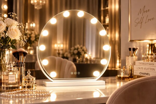 Oglindă cosmetică, sistem iluminare LED, 12 becuri, 3 culori, Senzor Tactil, Luminozitate Reglabilă, Alb