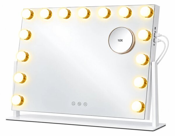 Oglindă cosmetică, sistem iluminare LED cu 3 culori, Luminozitate reglabilă, Senzor Tactil, Port încărcare USB+Type C, Oglindă de mărire 10X, Alb