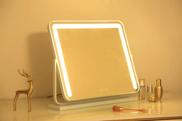Oglindă cosmetică, sistem iluminare bandă LED, 3 culori, senzor tactil, rotire 360°, 50x40 cm, Alb
