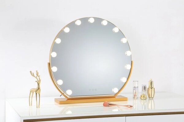 Oglindă cosmetică, sistem iluminare LED, 12 becuri, 3 culori, Senzor Tactil, Luminozitate Reglabilă, Auriu