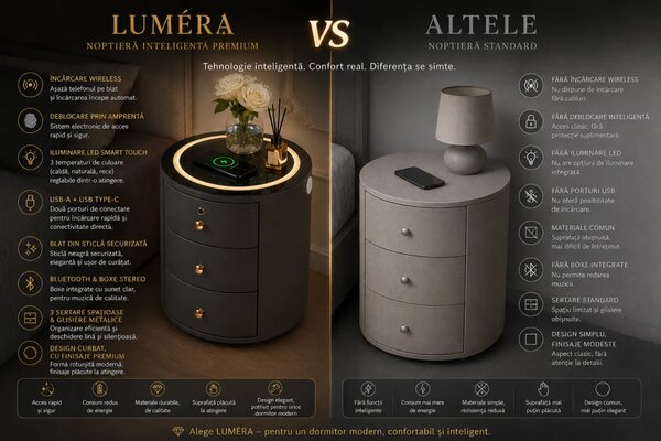 LUMÉRA – Noptieră Inteligentă cu Deblocare prin Amprentă, Încărcare Wireless, Iluminare LED în 3 Culori, USB + Type-C, Blat din Sticlă Securizată, 3 Sertare, Gri