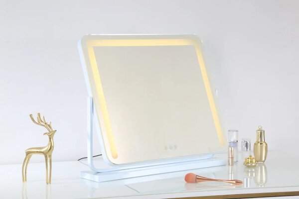 Oglindă cosmetică, sistem iluminare bandă LED, 3 culori, senzor tactil, rotire 360°, 50x40 cm, Alb