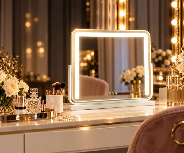 Oglindă cosmetică, sistem iluminare bandă LED, 3 culori, senzor tactil, rotire 360°, 50x40 cm, Alb