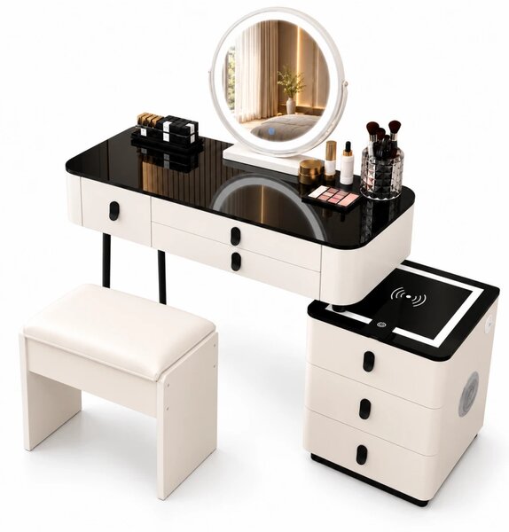 Set MARGOT LONG – Masă de Toaletă pentru Machiaj, Oglindă Alba iluminată LED, Control Touch, 6 sertare, Comoda, Difuzor Bluetooth, Zona încărcare fără fir + USB, Taburet, Alb, 100x40x75 cm