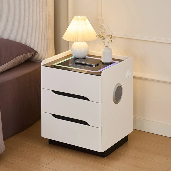 ALVÉA — Noptieră inteligentă cu încărcare Wireless, Bluetooth Stereo, iluminare RGB, USB + Type-C, Alb