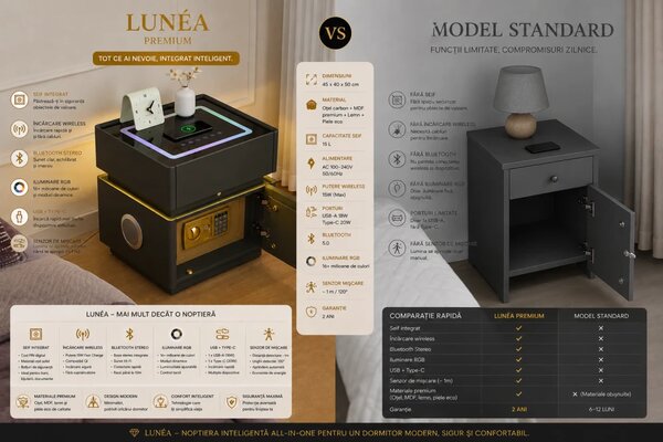LUNÉA — Noptieră inteligentă cu seif integrat, încărcare wireless, Bluetooth Stereo, iluminare RGB, USB + Type-C și senzor de mișcare, Negru