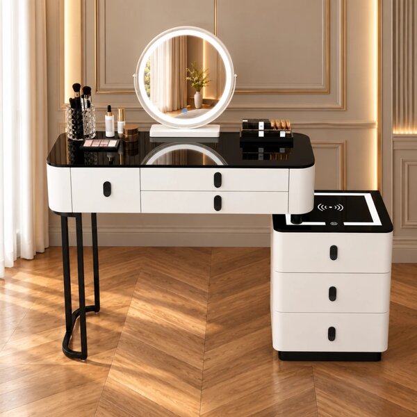 Set MARGOT LONG – Masă de Toaletă pentru Machiaj, Oglindă Alba iluminată LED, Control Touch, 6 sertare, Comoda, Difuzor Bluetooth, Zona încărcare fără fir + USB, Taburet, Alb, 100x40x75 cm