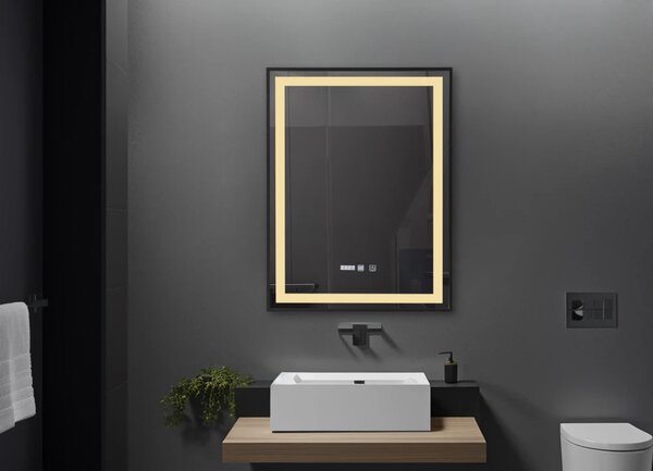 RESIGILAT- Oglindă baie, Multifuncțională, Iluminare LED Touch in 2 culori, Sistem Dezaburire, Ceas electronic încorporat, rama aluminiu, 60x80 cm, Negru