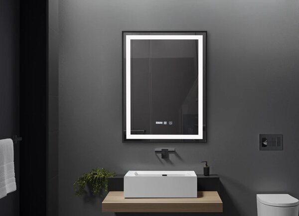 RESIGILAT- Oglindă baie, Multifuncțională, Iluminare LED Touch in 2 culori, Sistem Dezaburire, Ceas electronic încorporat, rama aluminiu, 60x80 cm, Negru