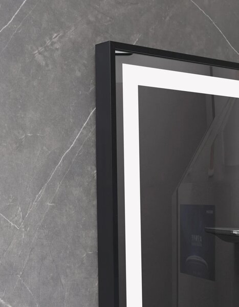 RESIGILAT- Oglindă baie, Multifuncțională, Iluminare LED Touch in 2 culori, Sistem Dezaburire, Ceas electronic încorporat, rama aluminiu, 60x80 cm, Negru