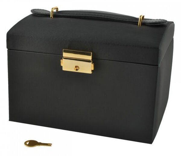 Cutie de bijuterii, 2 sertare, Oglindă, Închidere cu cheie și mâner, Negru