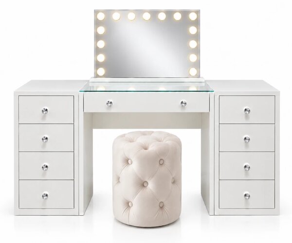 Set AMIRA – Masă de Toaletă pentru Machiaj, Oglindă Iluminată LED, Control Touch, Oglindă 10X, USB & Type-C și taburet, Alb