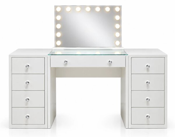 Set AMIRA – Masă de Toaletă pentru Machiaj, Oglindă Iluminată LED, Control Touch, Oglindă 10X, USB & Type-C și taburet, Alb